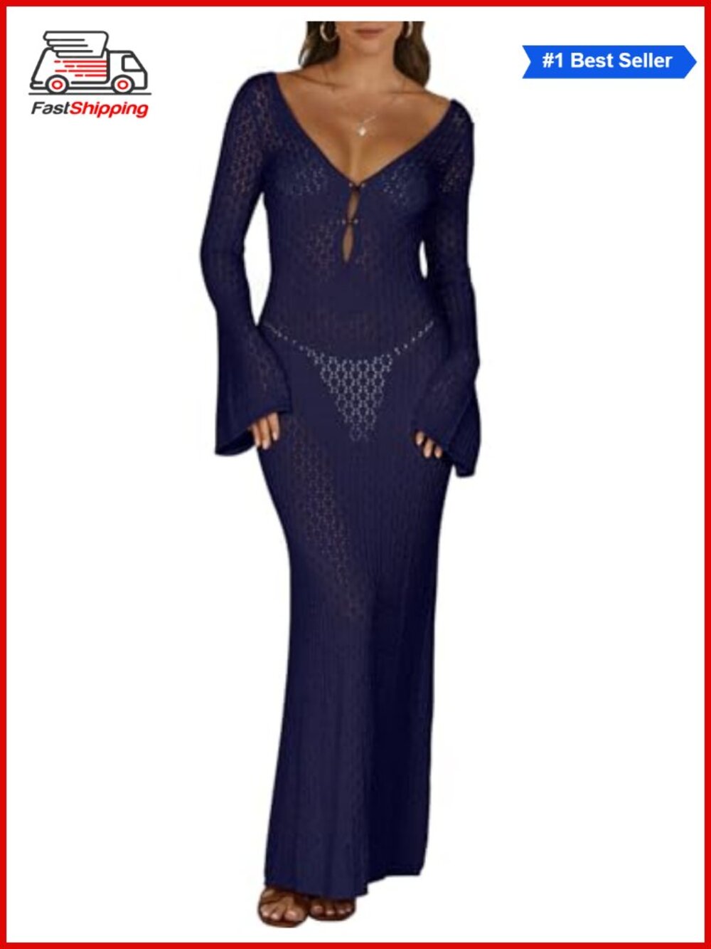 โจANRABESS Women Crochet Coverup V-Neck Long Sleeve Beach Maxi Dress